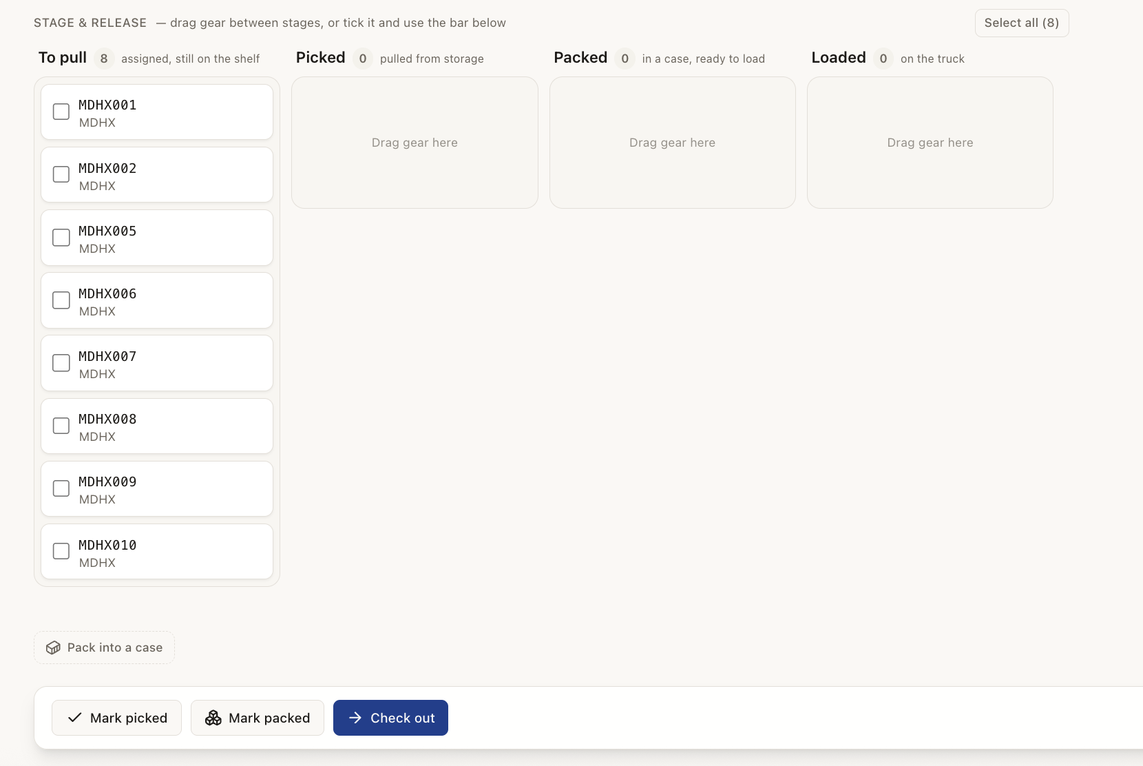 Gear & Inventory — Stage & release