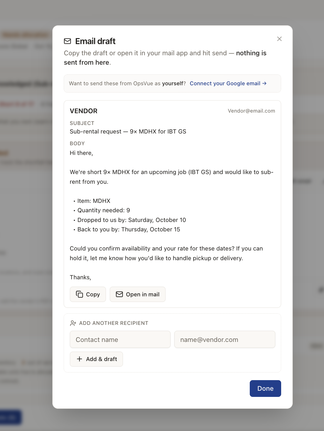Gear & Inventory — Draft vendor email